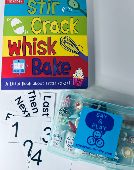 Story Kit for Stir Crack Whisk Bake - Miniature Baking Trinkets - Mini Objects for Speech Therapy - Mini Story Kit with Trinkets Sequence