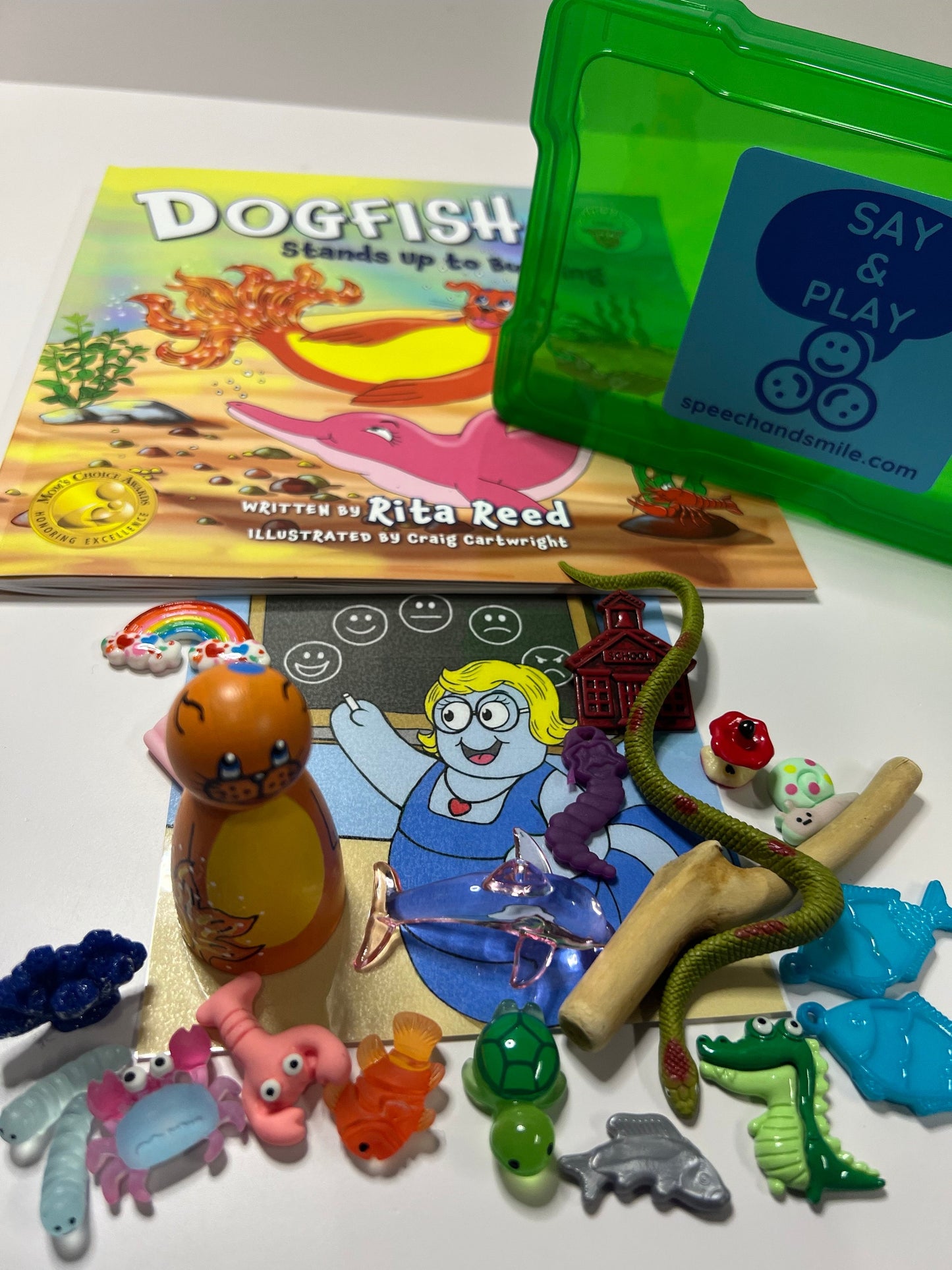 Story Kit for Dogfish Stands up to Bully - Book about Bullying - Ocean Book- Ocean Miniature Objects - Mini Objects for Speech Therapy