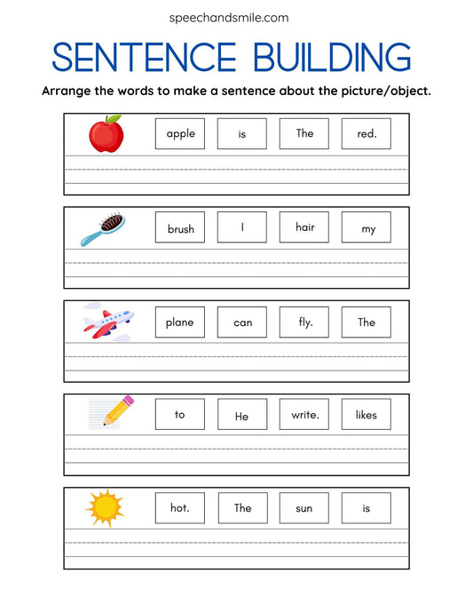 Build a Sentence Worksheet with Miniature Objects Sentence Building Activity - Speech Therapy Printable Worksheets