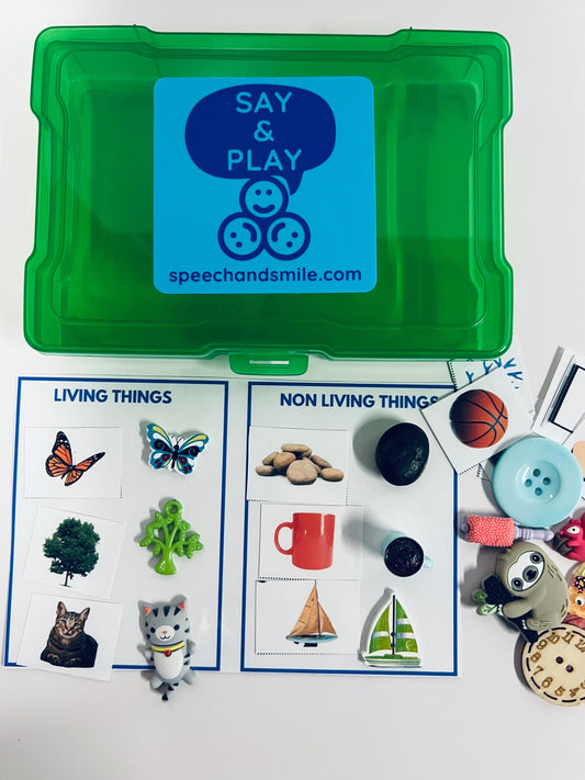 LIVING NONLIVING Preschool SCIENCE Task Box avec mini objets - Trier les images et les objets miniatures - Boîte de tâches d’orthophonie - Mini objet